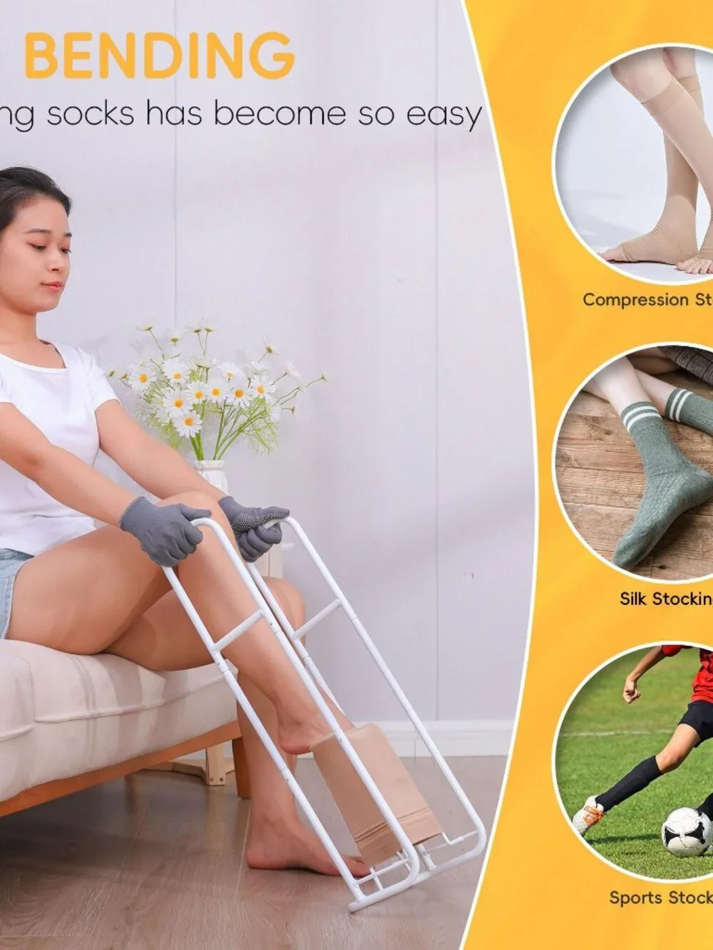 White Sock Aid with Extended Handles and Non-Slip Gloves for Compression Socks